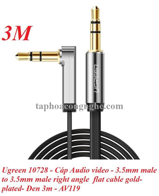 Ugreen 10728 3M màu Đen Cáp âm thanh 2 đầu 3.5mm dương đầu vuông góc mạ vàng AV119 30010728